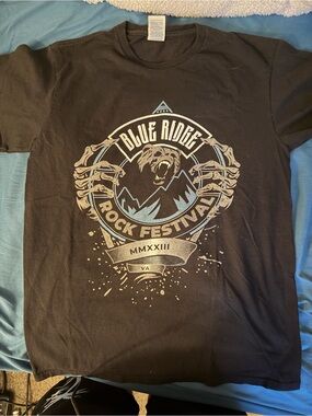 Delta Black Short Sleeve Tee with Light Blue and Cream Festival Graphic